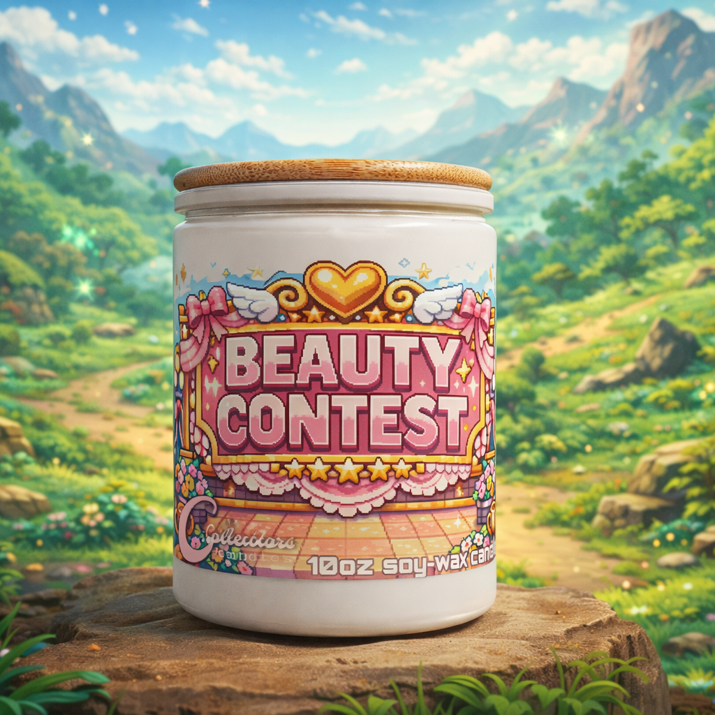 Scented candle jar with 'Beauty Contest' label against a scenic mountain backdrop