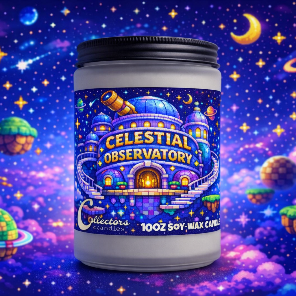 Candle jar with 'Celestial Observatory' label against a space-themed background