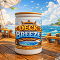 Jar of 'Deck Breeze' candles on a pirate ship deck with ocean and island background