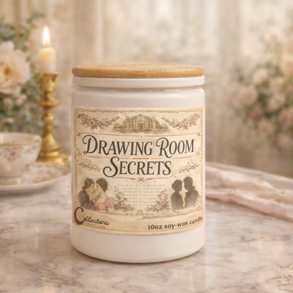Candle labeled 'Drawing Room Secrets' on a decorative table with flowers and a teacup.