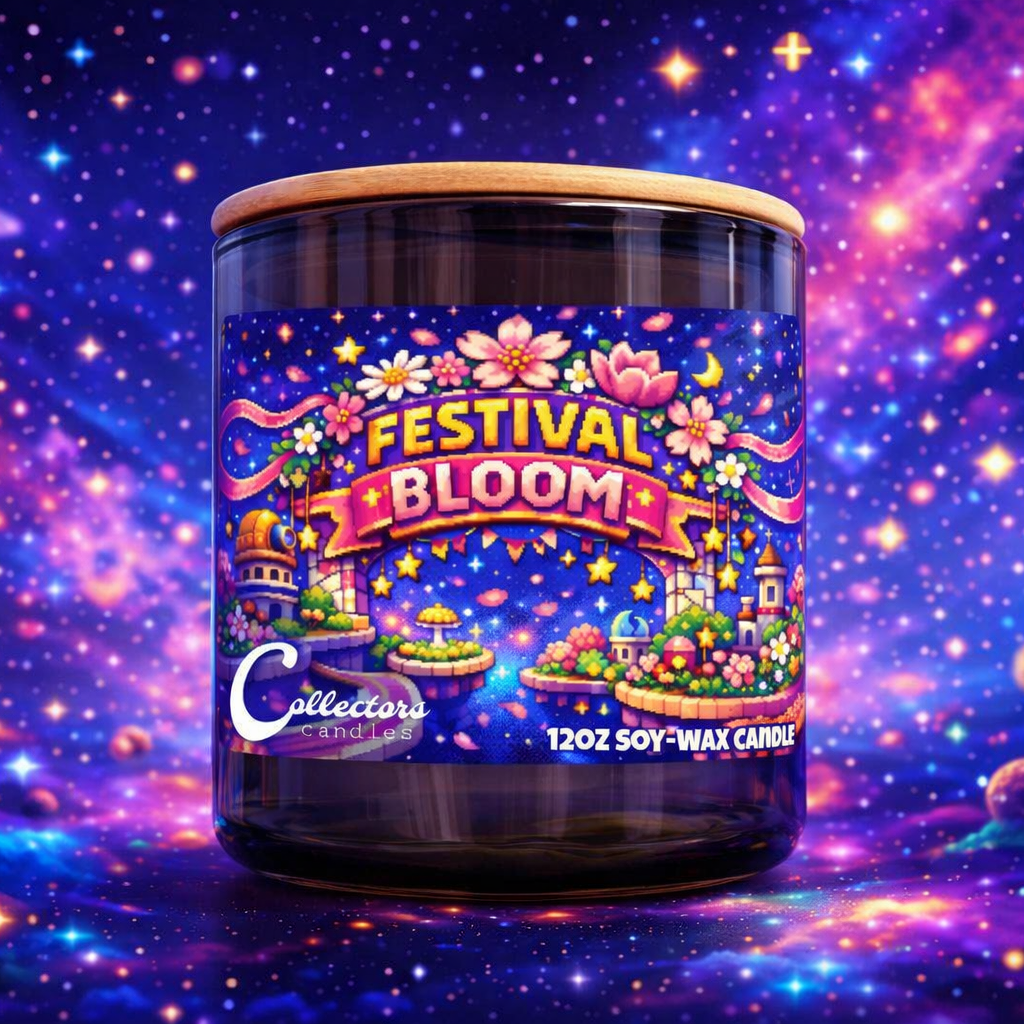 Festival Bloom candle with a colorful label against a space-themed background