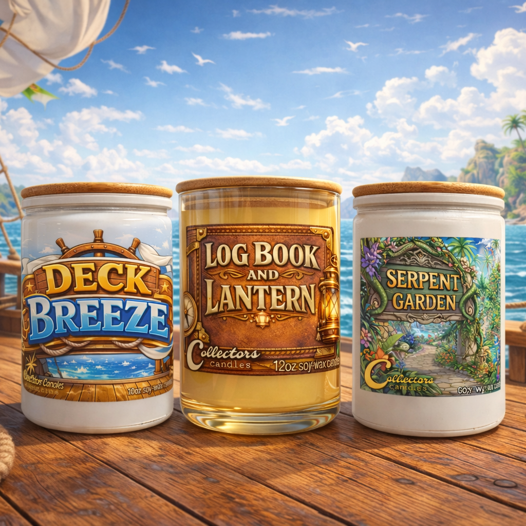 Three candles with labels 'Deck Breeze', 'Log Book and Lantern', and 'Serpent Garden' on a ship's deck with ocean view.