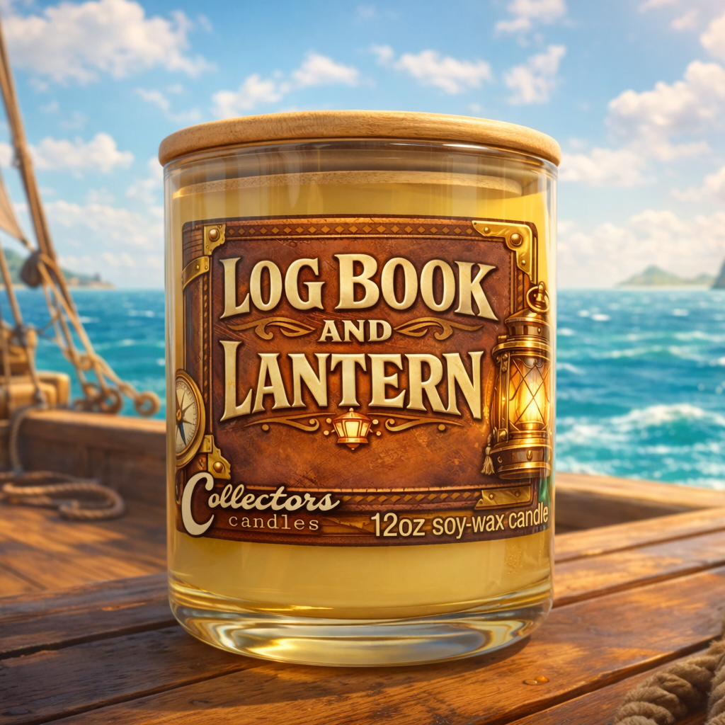 Candle jar labeled 'Log Book and Lantern' on a wooden deck with ocean and ship in the background