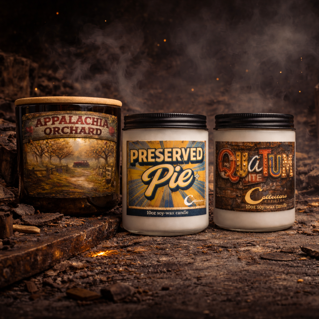 Three candles with labels 'Appalachia Orchard', 'Preserved Pie', and 'Quailum' in a rustic setting.