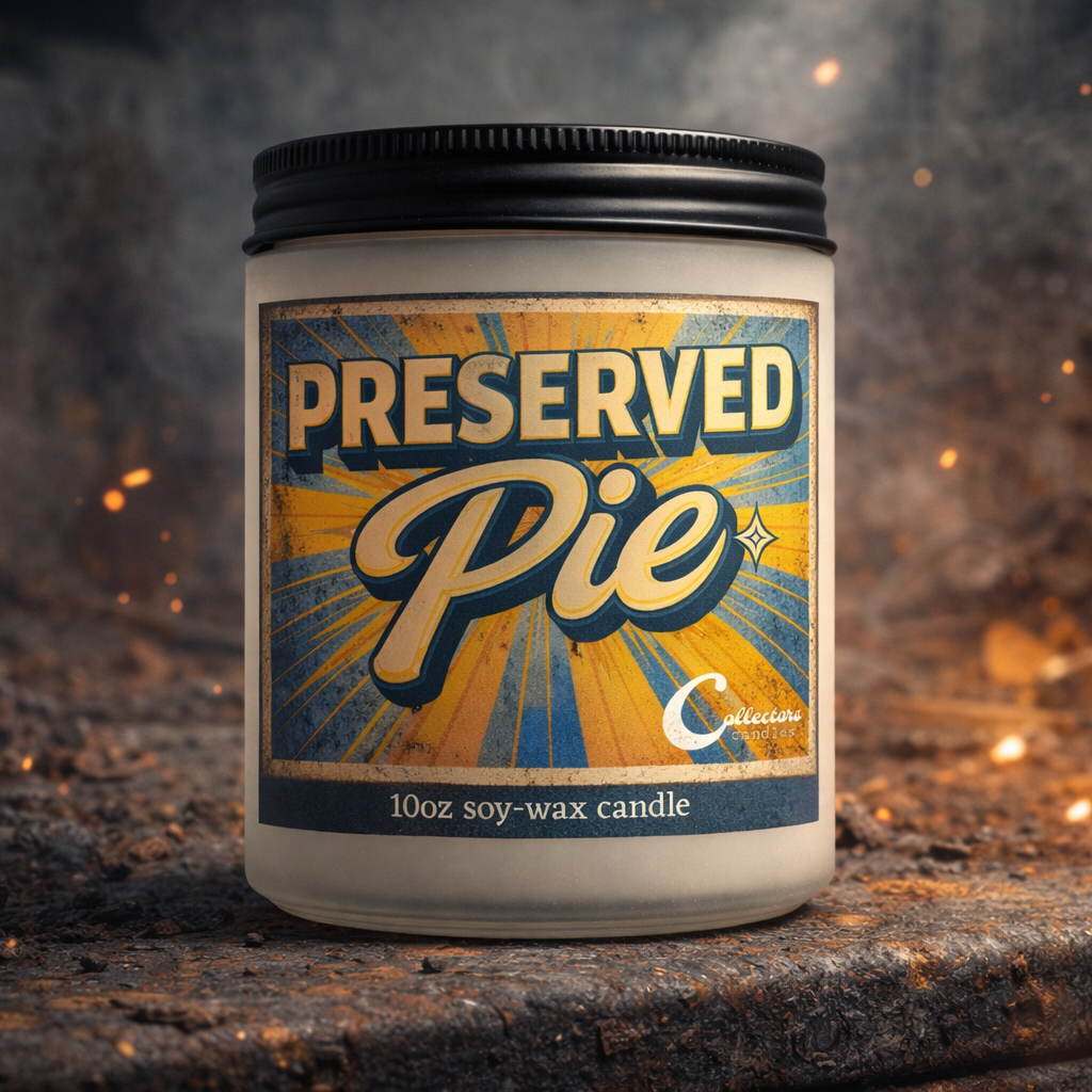 Candle jar labeled 'Preserved Pie' on a textured surface with a warm glow.