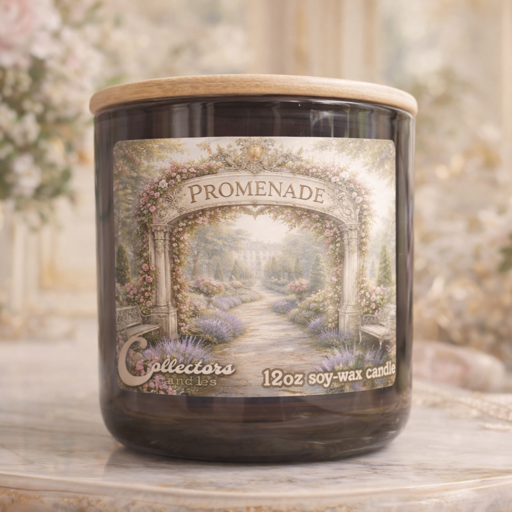Candle with decorative label on a table with floral background