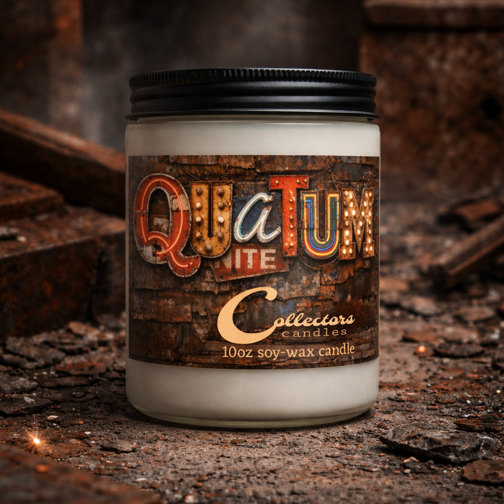 Candle jar with 'Quatum' label on a rustic background
