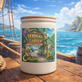 Jar labeled 'Serpent Garden' on a wooden ship deck with ocean and island background