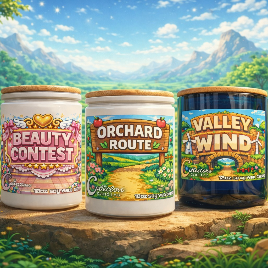 Three jars labeled 'Beauty Contest', 'Orchard Route', and 'Valley Wind' on a wooden platform with a scenic background.