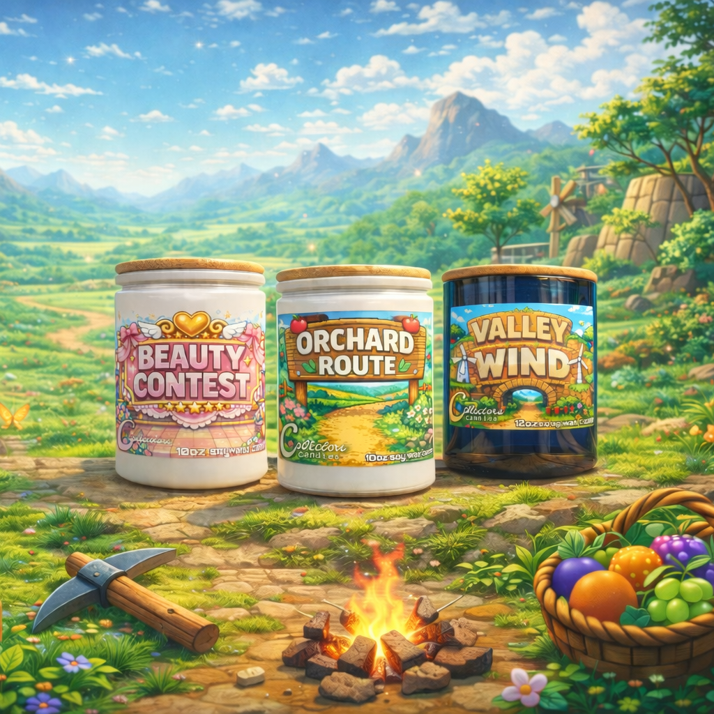 Three product containers labeled 'Beauty Contest', 'Orchard Route', and 'Valley Wind' in a fantasy landscape with mountains and trees.