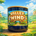 Valley Wind candle container with a scenic background