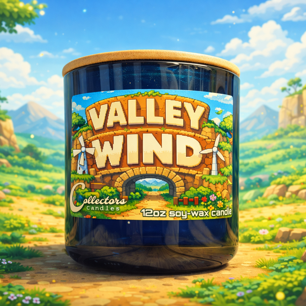 Valley Wind candle container with a scenic background